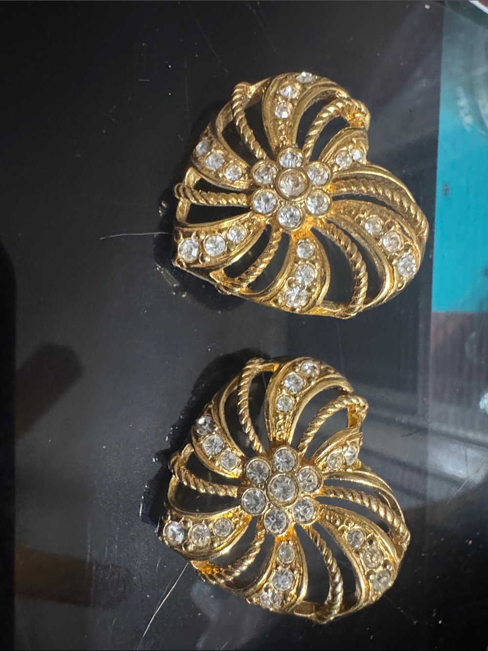 Gold and Crystal Floral Swirl Clip-On Earrings by